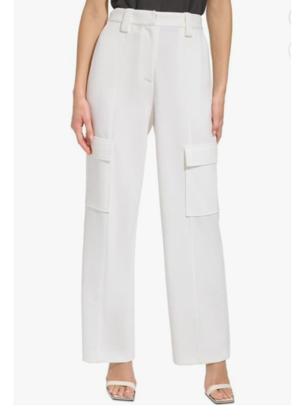 DKNY Women's Wide-Leg Crepe Cargo Pocket Ivory Pants Sz 16 NWT